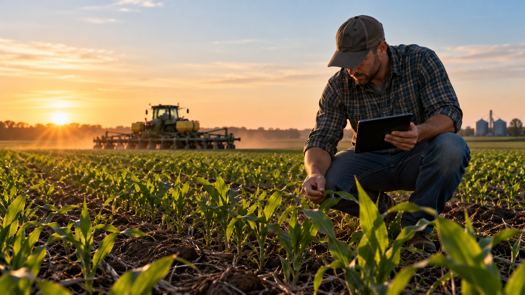 Farmer examining crops in the field, highlighting the importance of farmer participation in agricultural Scope 3 sustainability programs.